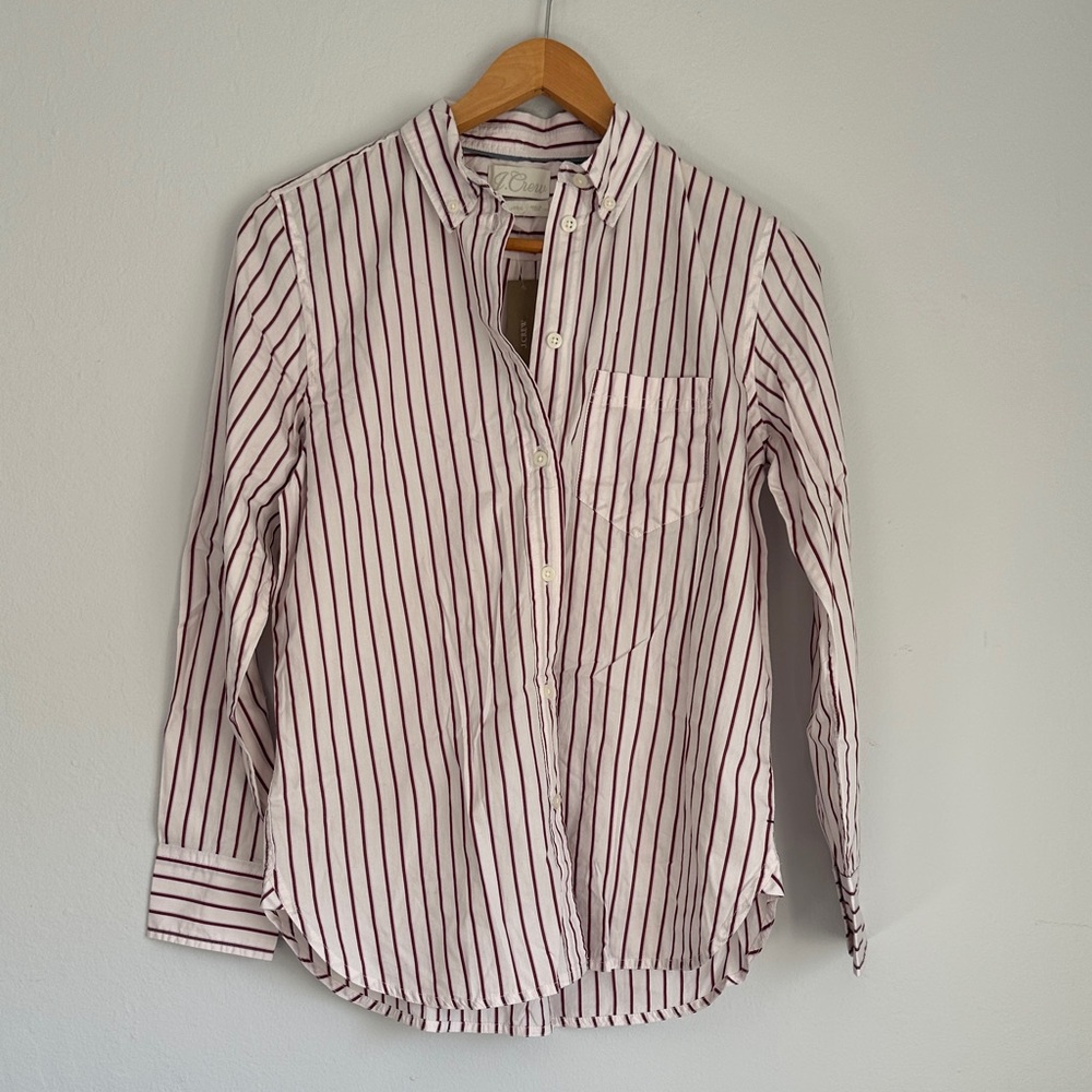 J.Crew women’s long sleeve striped shirt in white, purple, mauve.